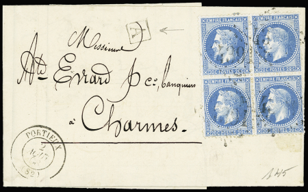 N°29 20c bleu en bloc de 4 obl. GC 4391 (Portieux, Vosges) et CàD T15 Portieux 2 août 1868