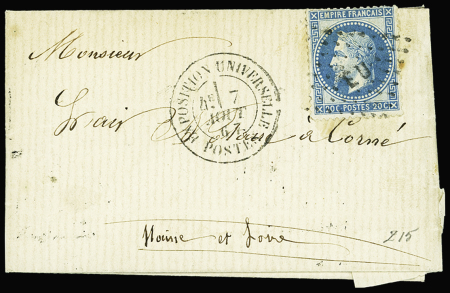 N°29A 20c bleu obl. losange EU et CàD Exposition Universelle Postes 7 août 1867