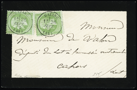 N°35 5c vert pâle sur bleu en paire obl. CàD T17 Cajarc (Lot) 26 sept. 1872
