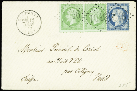 N°35 5c vert pâle sur bleu en paire et n°60 20c bleu obl. GC 1046 Clefmont (Haute-Marne)
