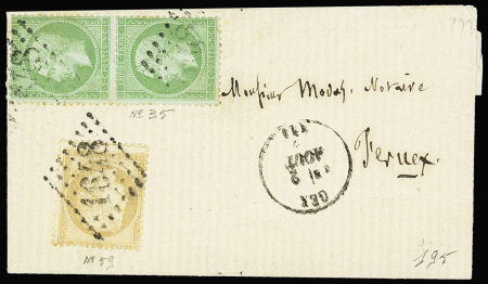 N°35 5c vert pâle sur bleu en paire + n°59 10c bistre