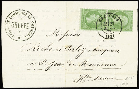 N°35 5c vert pâle sur bleu en paire obl. CàD T17 Grenoble (Isère) 27 mars 1872