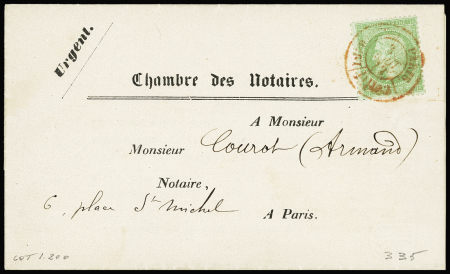 N°35 5c vert pâle sur bleu obl. CàD rouge imprimés PP 3 août 1872
