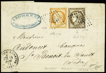 N°38d 4 retouchés + n°56c fond ligné obl. GC 158, CàD