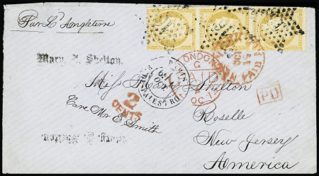 N°38 40c orange en bande de trois verticale , obl. étoile 16 et CàD T17 Paris/rue de Palestro 1er oct. 1872