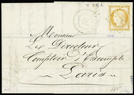 N°38d 40c orange avec 4 retouché, obl. ambulant R.P. et CàD 17 août 1873 sur lettre de Clermont (Oise) pour Paris, TB