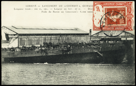 CP "Lancement du Courbet" avec rare porte-timbre r