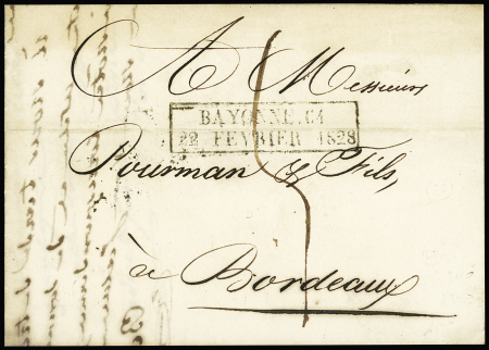 Lettre pour Bordeaux avec cachet d'essai rect "Bay