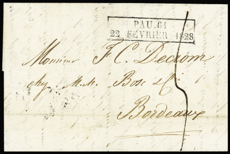 Lettre pour Bordeaux avec cachet d'essai rect "Pau
