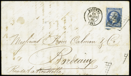 N°14, 20c bleu, OBL grille + T15 Bayonne (1860) su