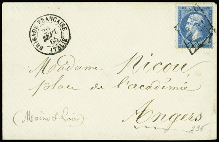 N°22 OBL grille + CAD "Brigade française Italie" (26 sept 65) sur lettre. TB