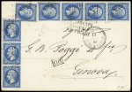 N° 22, 8 pièces (1 ex léger pli) OBL GC 5095 + CAD perlé "Salonique Turq. d'Europe" (1864) sur lettre pour Gênes avec griffe noire "Piroscafi postali francese". TB