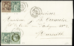N°50 + 67 + 74, 2 pièces OBL T17 "Bastia (19)" (1877) sur lettre pour Marseille, bel AFF composé Cérès - Sage