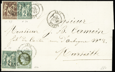 N°50 + 67 + 74, 2 pièces OBL T17 "Bastia (19)" (1877) sur lettre pour Marseille, bel AFF composé Cérès - Sage