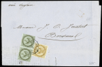 Col. Gen n°1, 1c olive en paire + n°3 OBL CAD "Guadeloupe Pointe à Pitre" (1867) sur imprimé complet pour Bordeaux. Rare. TB