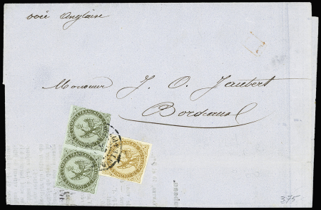 Col. Gen n°1, 1c olive en paire + n°3 OBL CAD "Guadeloupe Pointe à Pitre" (1867) sur imprimé complet pour Bordeaux. Rare. TB