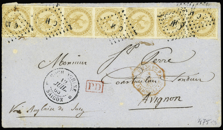 Col. Gen. N°3, bande de 7, OBL losange de points "CCH" + CAD "Cochinchine Saïgon" (1865) sur devant de lettre pour Avignon. TB