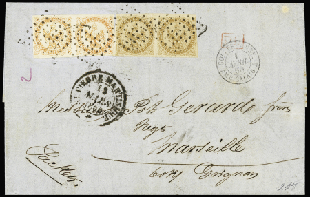 Col. Gen. N°3 en paire + n°5 en paire OBL losange de points muet + CAD "St Pierre Martinique" (1860) sur lettre pour Marselle. TB