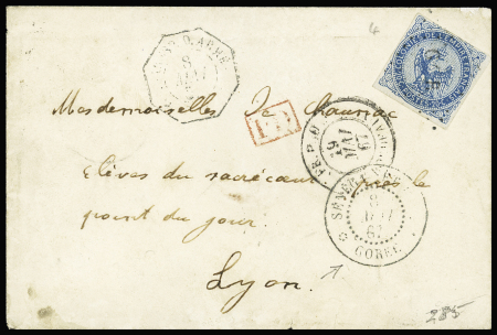 Col. Gen n°4, 20c bleu, OBL losange de points bleu "GOR" + CAD bleu "Sénégal et DEPces Gorée" (1867) sur lettre. TB