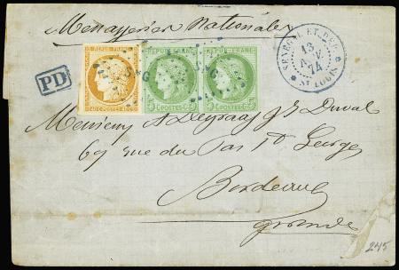 Col. Gen n°13+17 en paire OBL losange de points bleu "SNG" + CAD bleu "Sénégal et DEPces St Louis" (1874) sur lettre pour Bordeaux. TB
