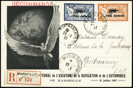 PA n°1 + 2 OBL CAD "Salon aviation navigation Marseille" (1927) sur carte recommandée du salon pour Montmorency avec arrivée. Rare ayant voyagé. TB