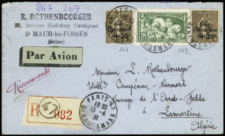 N°267, 2 pièces + n°269 OBL Paris 47 (1931) sur lettre recommandée par avion pour l'Algérie. TB