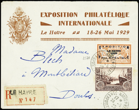 N°257A OBL CAD "Le Havre exposition phil. Inter." (1929) sur lettre recommandée à en-tête de l'exposition avec vignette violette. TB