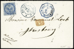 Col. Gen. n°4 OBL losange de points bleu + CAD bleu "Réunion St Denis" (1867) + CAD octogonal bleu "Corr. D. Armees St Denis" sur lettre pour Strasbourg avec au verso cachet noir avec aigle "Réunion Etat-Major". Rare et