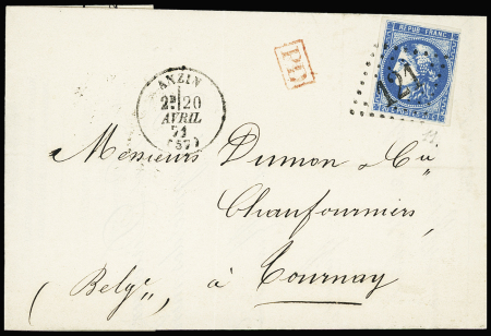 Rare tarif frontalier avec n°45B 20c bleu obl. GC 121