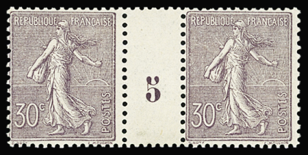 N°133 30c lilas en paire millésime 5, **, léger pli