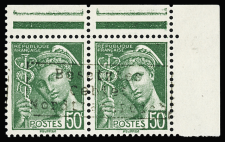 Poste n°414B 50c Mercure en paire cdf avec surcharge