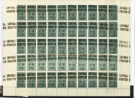 N°28, 1 feuille de 50 timbres avec notamment surcharges décalées 5ème et 6ème rangées verticales