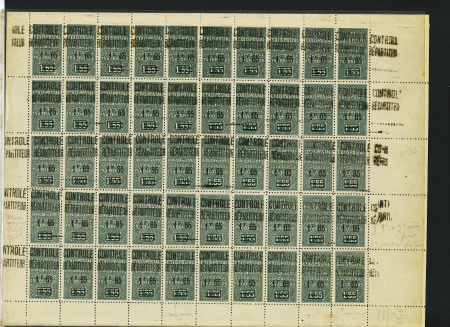 N°32, 1 feuille de 50 timbres avec variétés et surcharges décalées rangées 5 et 6