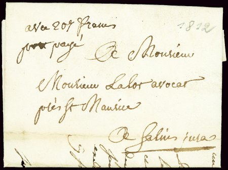 "Port Payé" marque manuscrite sur lettre de Pontarlier (1818) pour Salins - seule pièce connue. TB