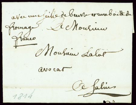Lettre de Pontarlier (1814) pour Salins avec mention manuscrite "Franco" acheminé par porteur. TB