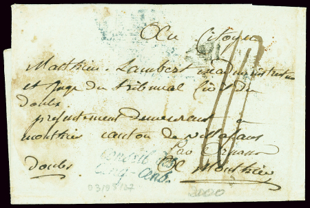 MP "Deb Pontarlier" (48 x 4mm) sur lettre de Paris pour Mouthier avec au recto cursive bleue "Conseil des Cinq Cens". Rare et TB