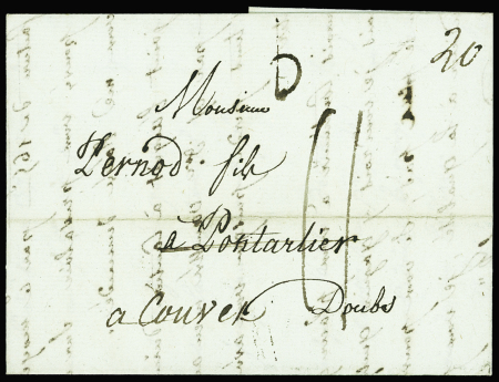 MP "Deb 24 Pontarlier" (39 x 9mm - 1813) sur lettre pour Couvet (Suisse), rare pour l'étranger. Jolie pièce