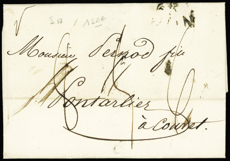 Lettre de Lyon pour Couvet (Suisse - 1812) avec au verso MP "Deb 24 Pontarlier". Rare pour l'étranger. TB