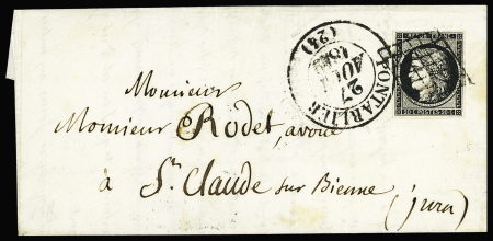 N°3 OBL grille + CAD type 13 "Pontarlier" (1849) sur lettre. Jolie pièce, ind 12