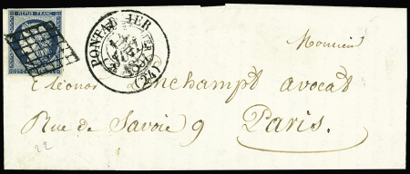 N°4 OBL grille + CAD types 13 et 15 superposé (1851) sur la même lettre, curieux et TB, ind 12+