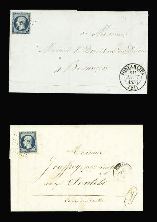 2 lettres : n°10 OBL PC 2527 + T13 Pontarlier (1853) et n°10 OBL PC du GC 2527 + T15 Pontarlier (1854), sup et B / TB