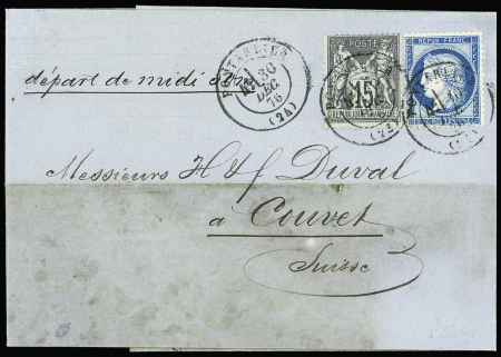 N°60 + 66 OBL T17 Pontarlier (1876) sur lettre au tarif frontalier double port pour Couvet (Suisse), AFF composé Cérès Sage. TB