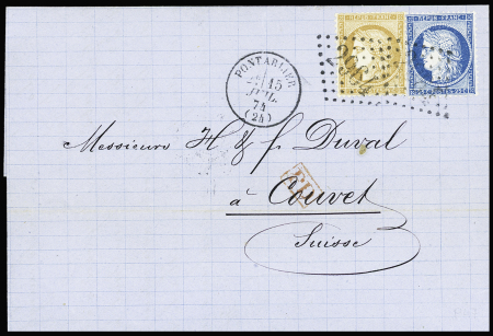 N°59 + 60 OBL GC 2964 + T16 Pontarlier (1874) sur lettre pour Couvet (Suisse) au tarif frontalier double-port. TB