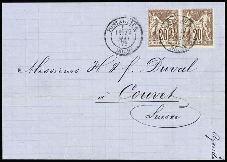 N°67, 20c Sage brun-lilas en paire OBL CAD T15 "Pontarlier Doubs" (1879) sur lettre pour Couvet (Suisse) au tarif frontalier double-port. Rare et TB