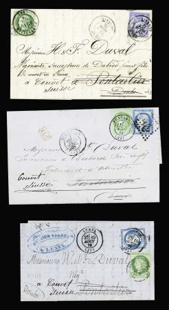 5 lettres de Bordeaux, Lunel (2), Oran (2) réexpéiées à Couvet (Suisse) avec complément à 5C OBL Pontarlier. Bel ensemble.