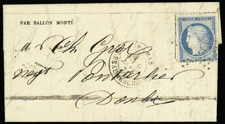 Ballon monté pour Pontarlier : n°37 OBL étoile 12 + CAD "Paris Bt Beaumarchais" (6 janv 71) sur Gazette des Absents n°23 avec arrivée (Le Duquesne)