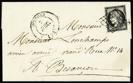 N°3, filet leg touché, OBL grille + T14 Quingey (1849) sur lettre pour Besançon, ind 17. TB
