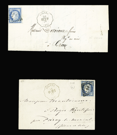 Rigney : 2 lettres : n°60 OBL losange de points "BP" + CAD conv. Sta. "Rigney Vl BES" (1875) et n+60 OBL GC + CAD conv. Sta "Rigney BES Vl" (1873), ind 16 et ind 18. Rare