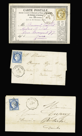 La Rivière : 2 lettres et 1 CP précurseur avec CAD conv. Station "La Rivière Per D" (2) et "La Rivière D. Per" (1874), ind 18 et ind 16 (2). TB