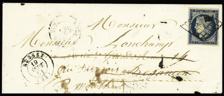 N°4 OBL grille + T15 Russey (1851) sur lettre, ind 16. TB